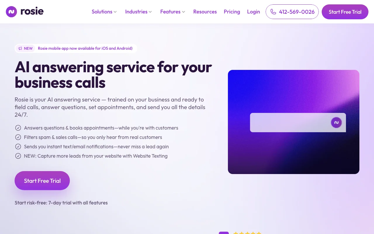 Rosie AI dashboard — after-hours and overflow AI call coverage