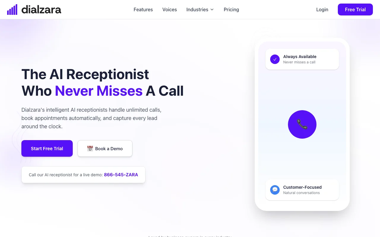 Dialzara dashboard — self-serve AI receptionist for budget-focused small businesses
