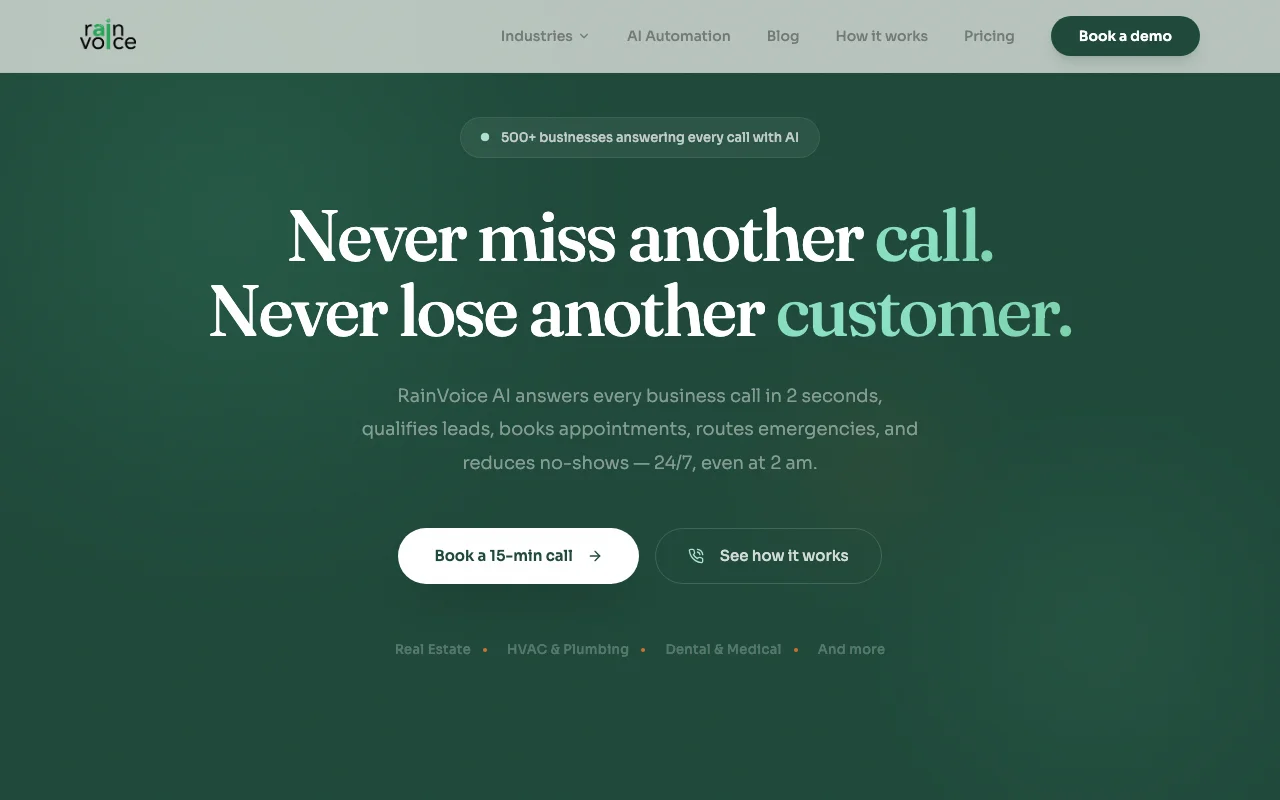 RainVoice dashboard — done-for-you AI phone answering for service businesses